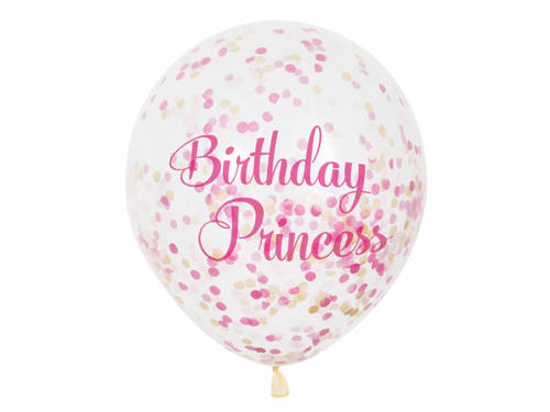 Balony przezroczyste z nadrukiem Birthday Princess oraz konfetti w środku - 30 cm - 6 szt.