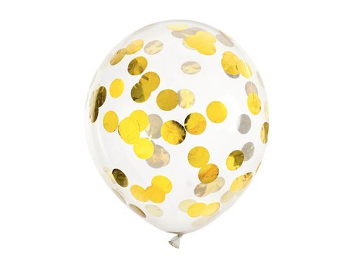 Balony przezroczyste ze złotym konfetti Kółka - 30 cm - 6 szt.