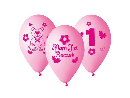 Balony z nadrukiem dla dziewczynki "Mam już roczek" - 30 cm - 5 szt.