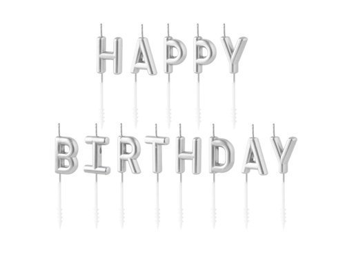 Świeczki pikery napis Happy Birthday - srebrny
