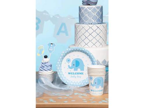 Talerzyki Słonik na Baby Shower niebieskie - 18 cm - 6 szt.