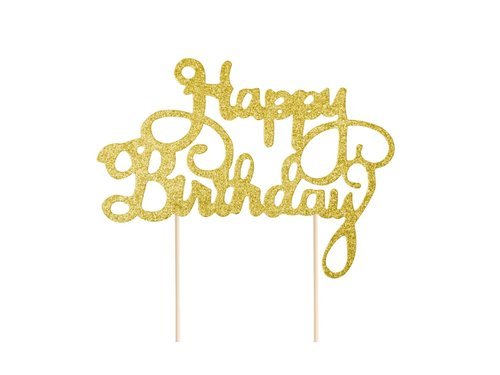 Topper na tort Happy Birthday złoty brokatowy - 21 cm -1 szt.